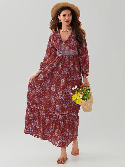 Bohemian Floral Print Puff Sleeve Swing Floral Dress