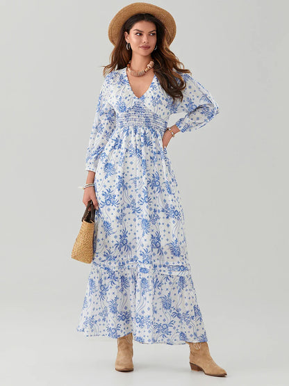 Bohemian Floral Print Puff Sleeve Swing Floral Dress