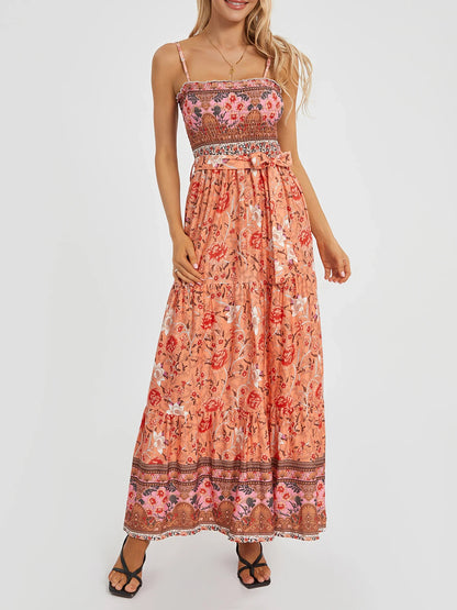 Boho Retro Floral Swing Spaghetti Straps Belted Long Floral Dress