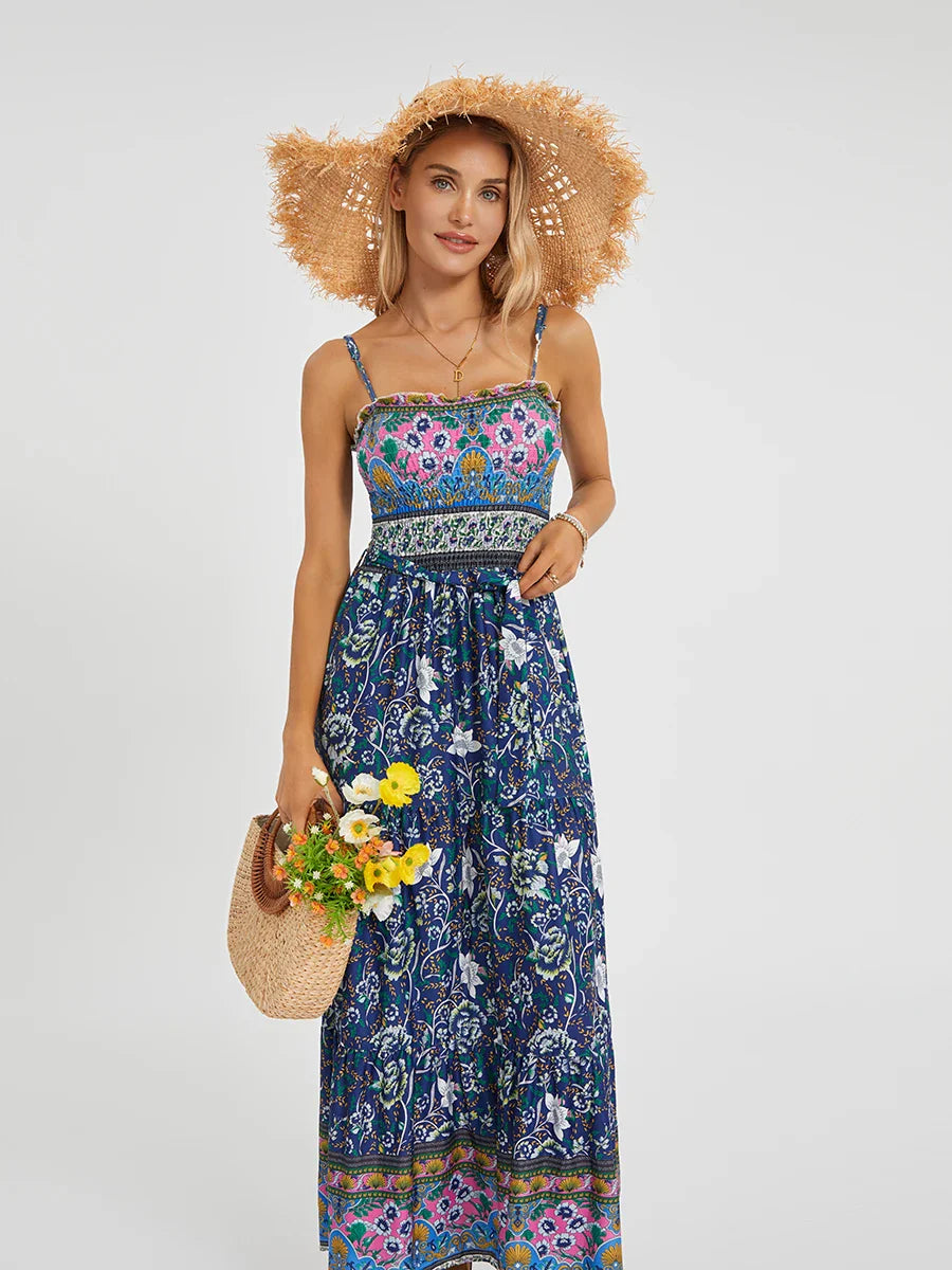 Boho Retro Floral Swing Spaghetti Straps Belted Long Floral Dress