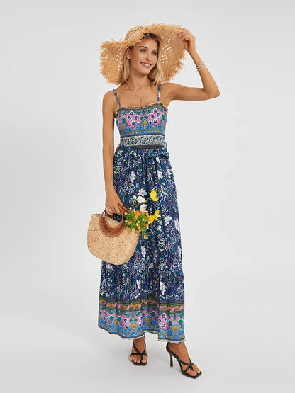 Boho Retro Floral Swing Spaghetti Straps Belted Long Floral Dress