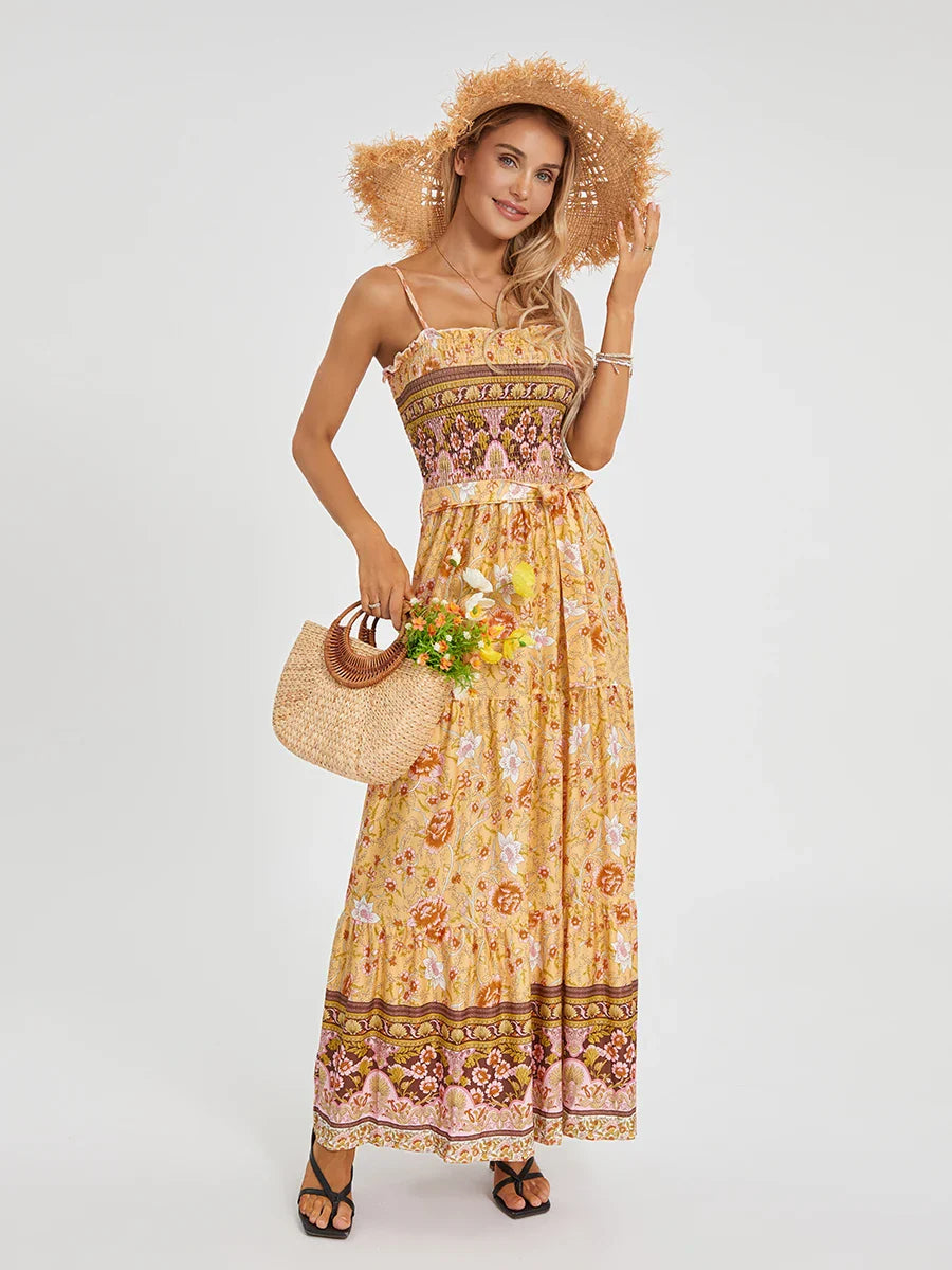 Boho Retro Floral Swing Spaghetti Straps Belted Long Floral Dress