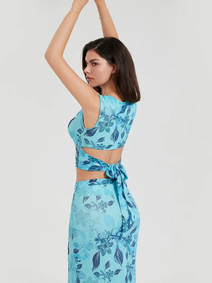Boho Blue Floral Back Bandage Crop Tank Wrap Long Floral Dress