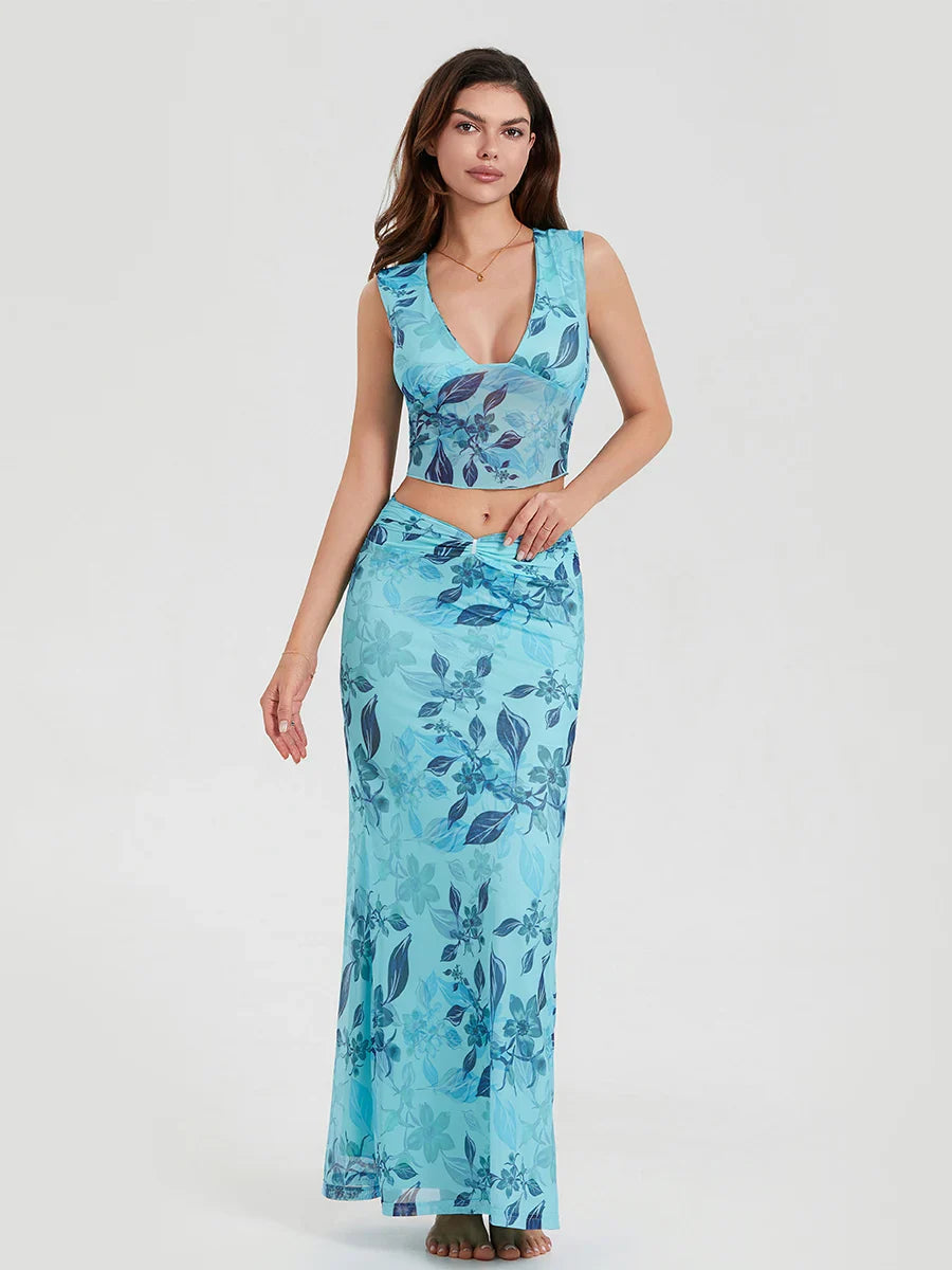 Boho Blue Floral Back Bandage Crop Tank Wrap Long Floral Dress