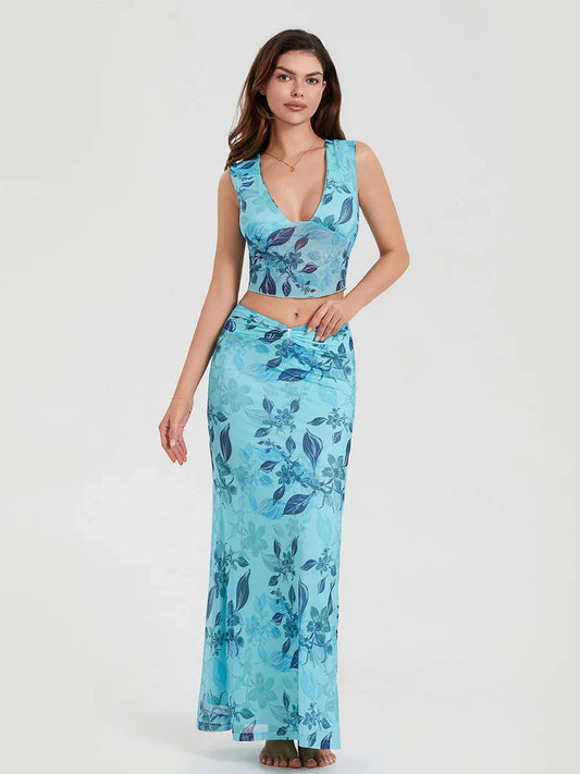 Boho Blue Floral Back Bandage Crop Tank Wrap Long Floral Dress