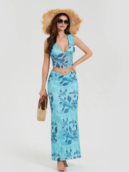 Boho Blue Floral Back Bandage Crop Tank Wrap Long Floral Dress