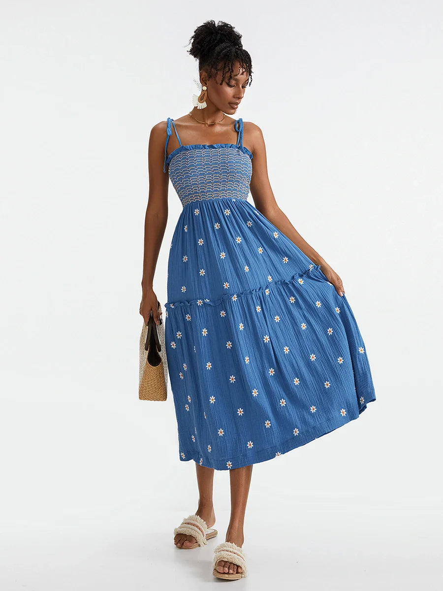Boho Summer Flower Embroidery Tie-Up Shoulder Shirred A-Line Beach Dress