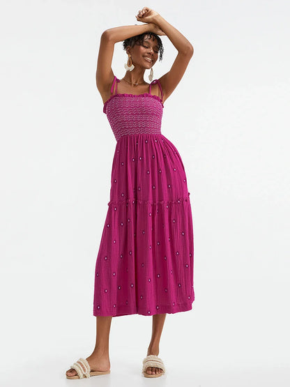 Boho Summer Flower Embroidery Tie-Up Shoulder Shirred A-Line Beach Dress