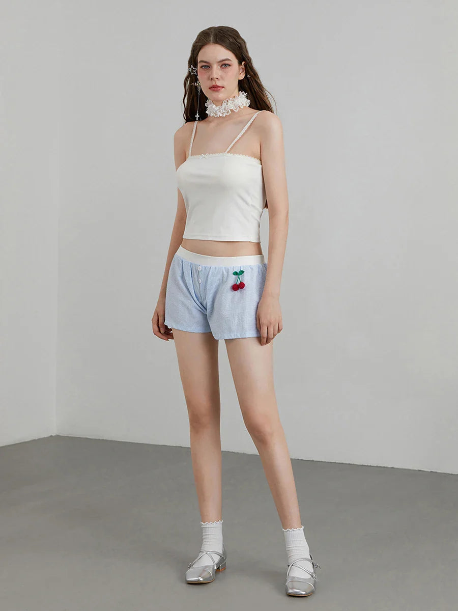 Cherry Striped Elastic Waist Short