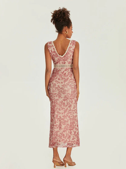 Elegant Floral Fishtail Lace Trim Wrap V-neck Bodycon Floral Dress