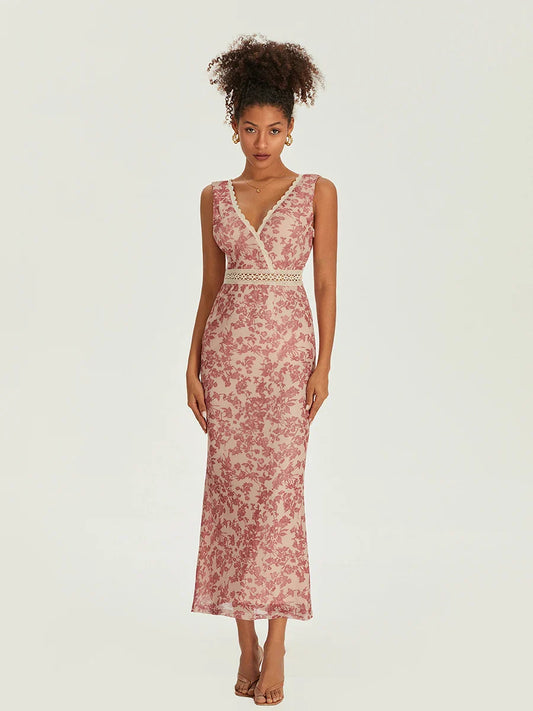 Elegant Floral Fishtail Lace Trim Wrap V-neck Bodycon Floral Dress