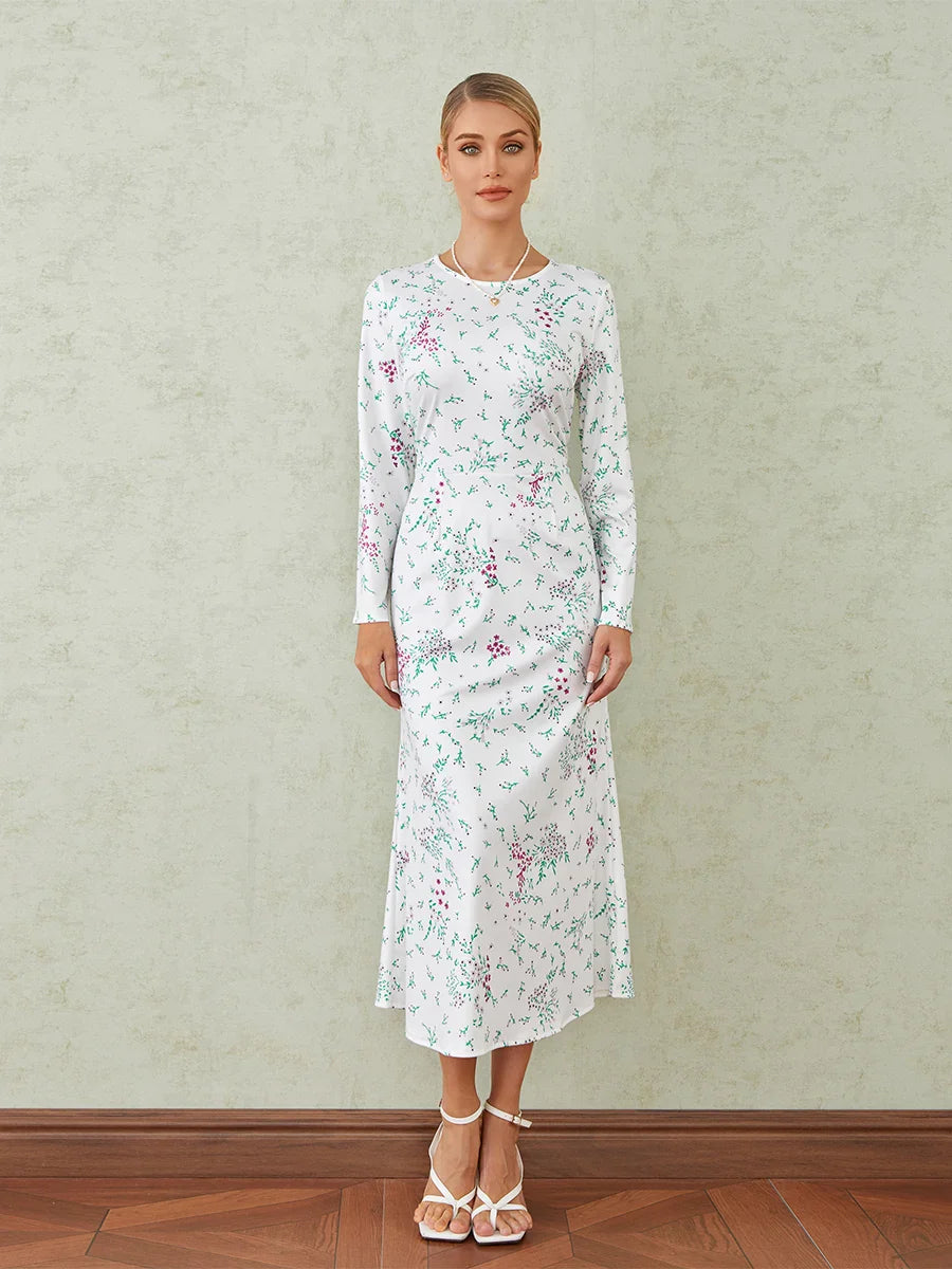 Elegant Floral Print Fishtail O-neck Wrap Midi Floral Dress