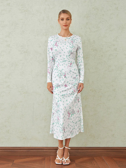 Elegant Floral Print Fishtail O-neck Wrap Midi Floral Dress