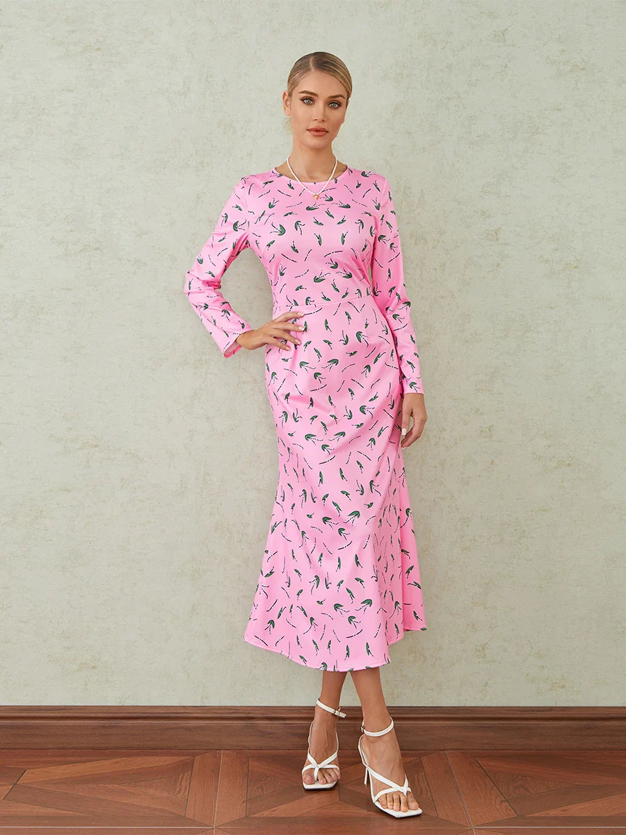 Elegant Floral Print Fishtail O-neck Wrap Midi Floral Dress