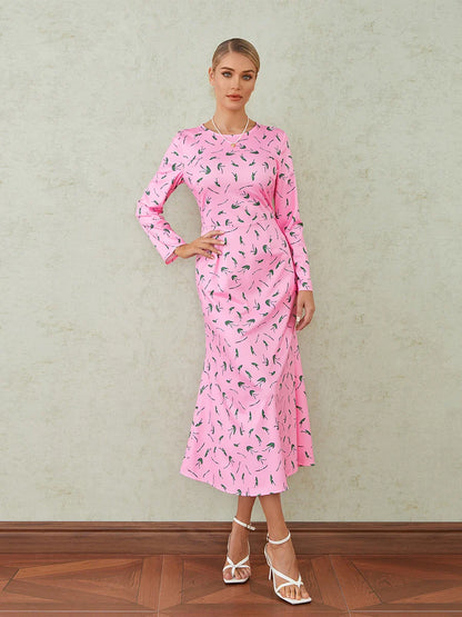 Elegant Floral Print Fishtail O-neck Wrap Midi Floral Dress