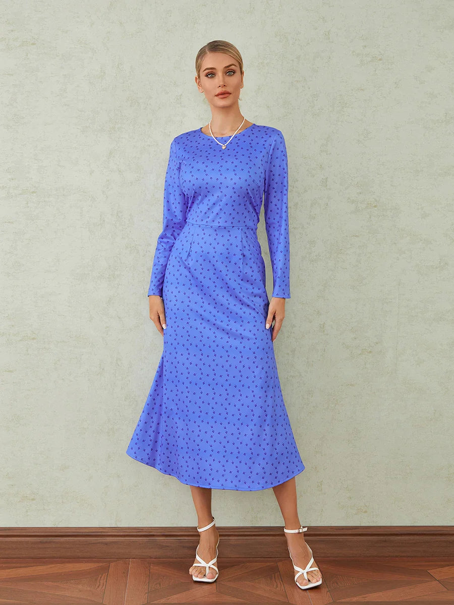 Elegant Floral Print Fishtail O-neck Wrap Midi Floral Dress