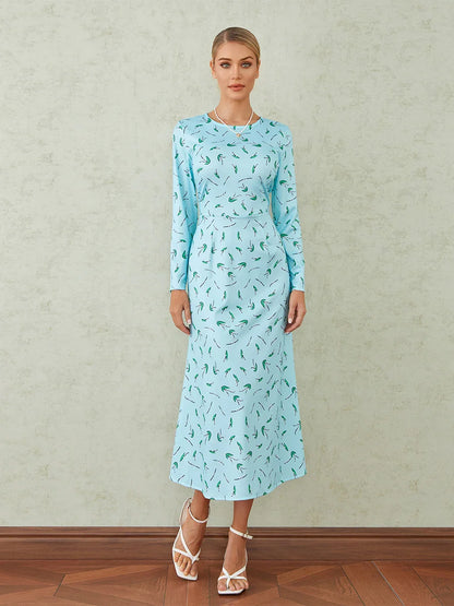 Elegant Floral Print Fishtail O-neck Wrap Midi Floral Dress