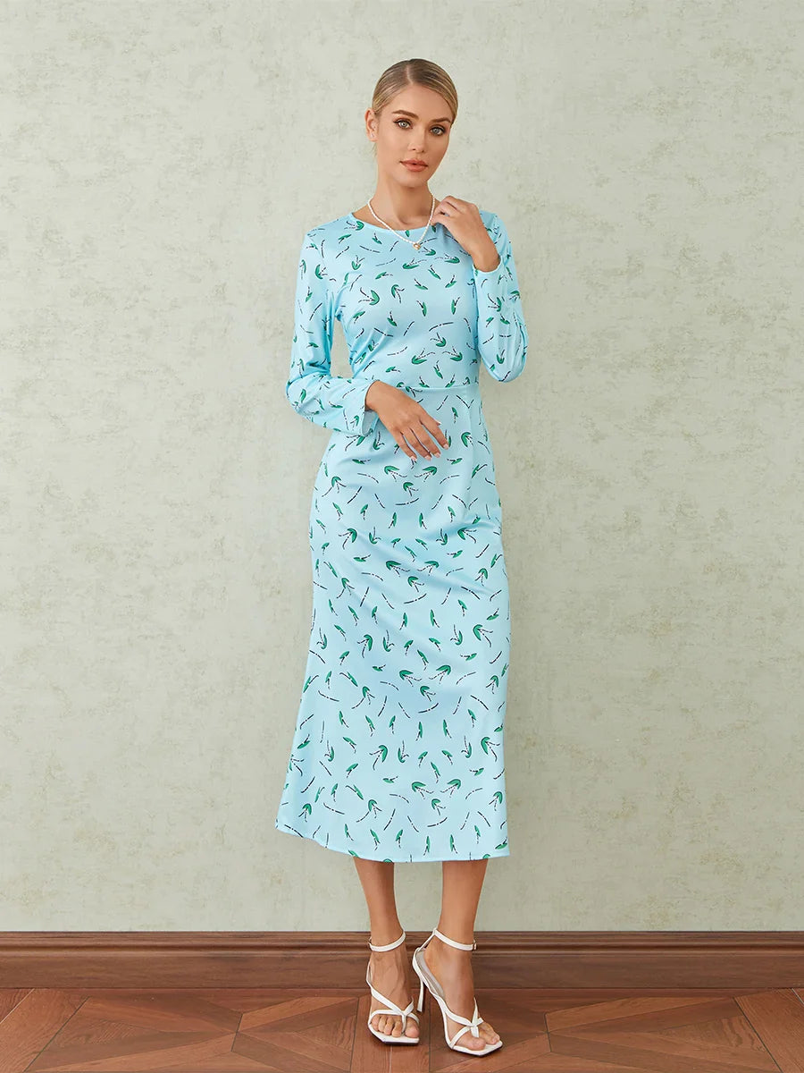 Elegant Floral Print Fishtail O-neck Wrap Midi Floral Dress