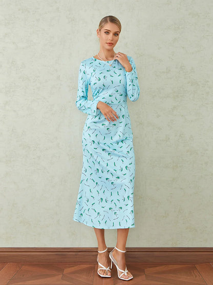 Elegant Floral Print Fishtail O-neck Wrap Midi Floral Dress