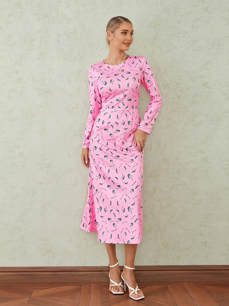 Elegant Floral Print Fishtail O-neck Wrap Midi Floral Dress