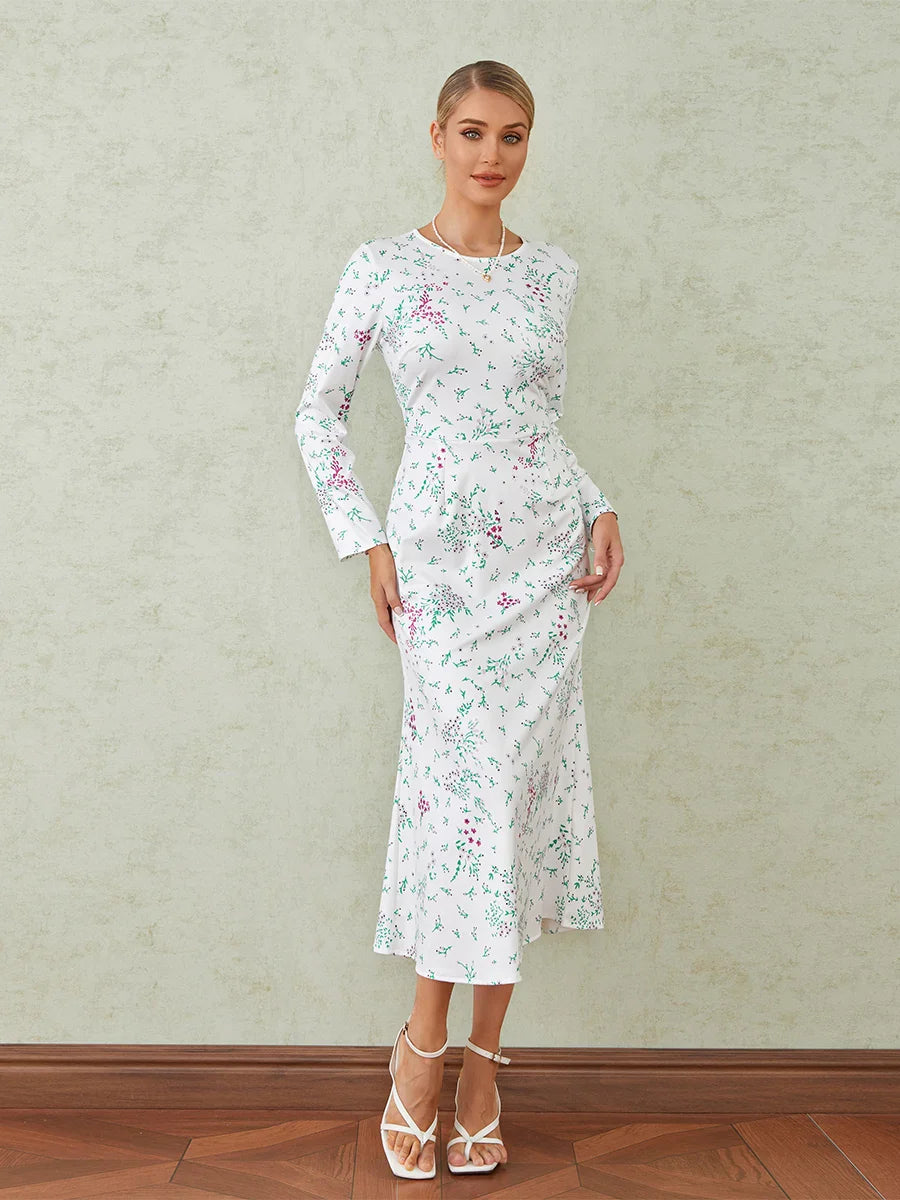 Elegant Floral Print Fishtail O-neck Wrap Midi Floral Dress