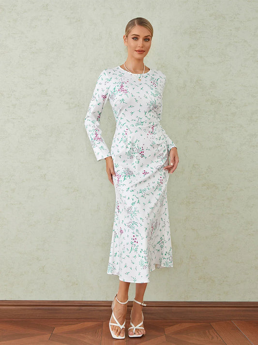 Elegant Floral Print Fishtail O-neck Wrap Midi Floral Dress