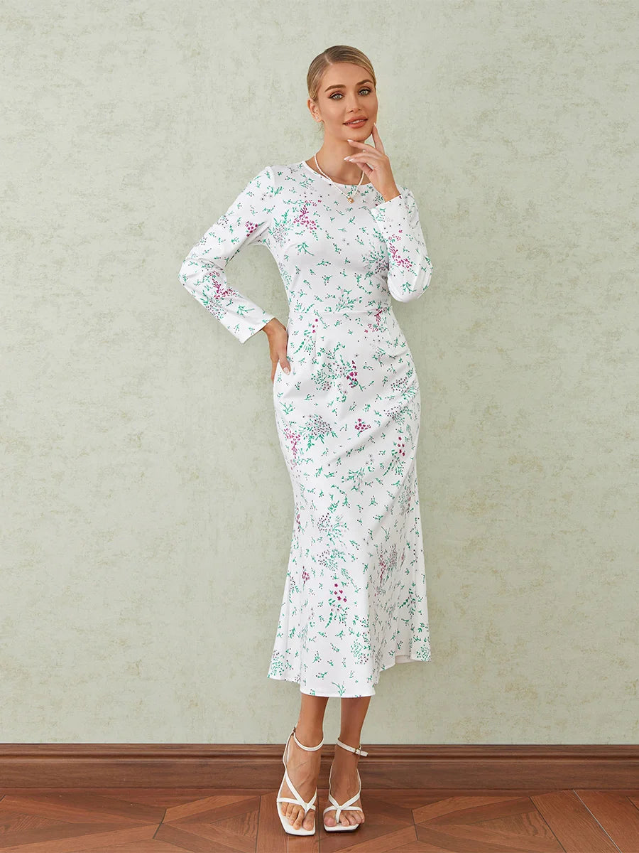 Elegant Floral Print Fishtail O-neck Wrap Midi Floral Dress