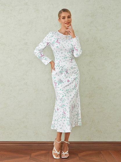 Elegant Floral Print Fishtail O-neck Wrap Midi Floral Dress