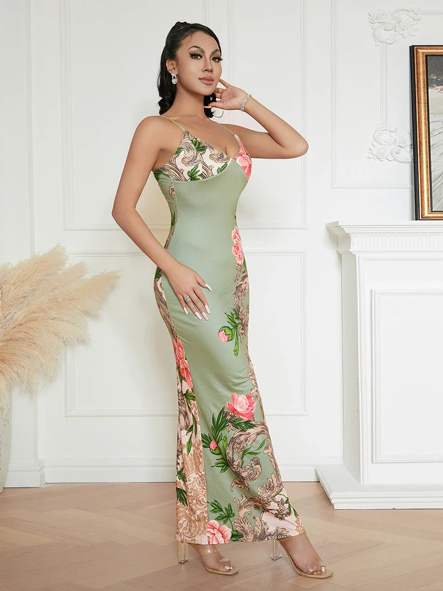 Elegant Floral Spaghetti Strap Backless Floral Dress