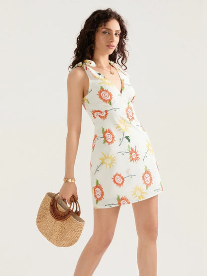 Floral Print Tied Shoulder Backless Sleeveless Mini Vacation Floral Dress