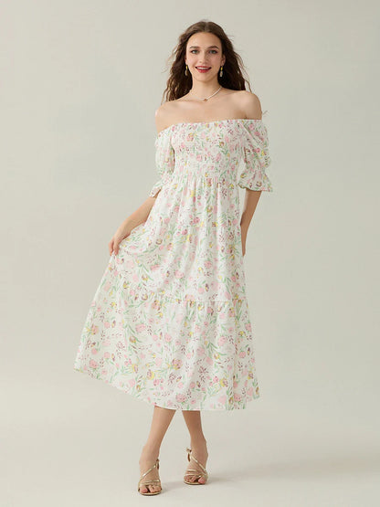Elegant Off-Shoulder Party Half Sleeve Square Neck A-line Floral Dress