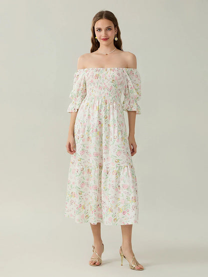 Elegant Off-Shoulder Party Half Sleeve Square Neck A-line Floral Dress