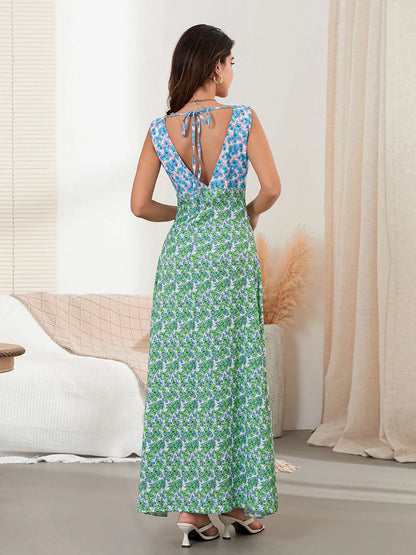 Elegant Patch Color Floral Flowy Backless V-neck Tank Beach Floral Dress