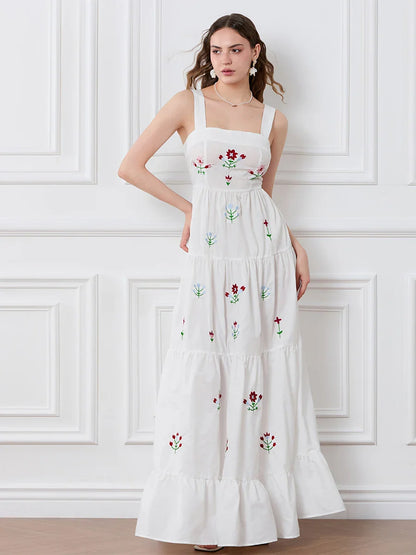 Embroidered Flower Ruched Tiered Slip Floral Dress