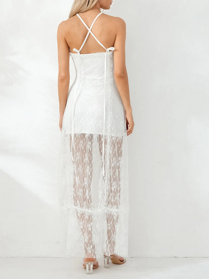 Fairycore Retro White Lace Backless Halter Tube Floral Dress