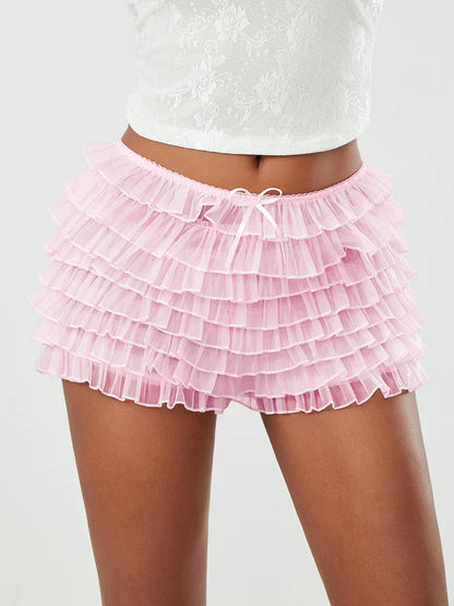 Mesh Bowknot Tiered Ruffle Short