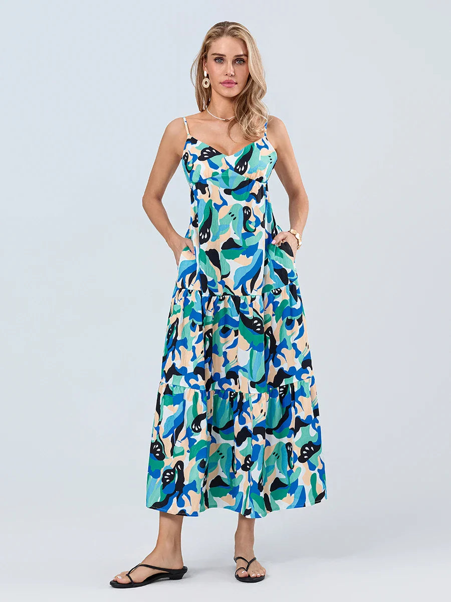 Fashion Print Spaghetti Strap Backless Sweetheart Flowy Cami Floral Dress