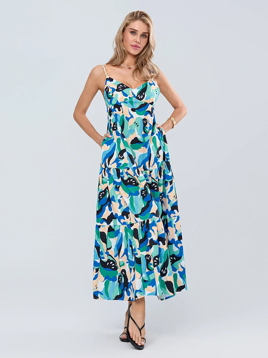 Fashion Print Spaghetti Strap Backless Sweetheart Flowy Cami Floral Dress