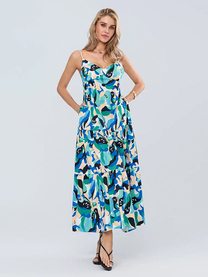 Fashion Print Spaghetti Strap Backless Sweetheart Flowy Cami Floral Dress