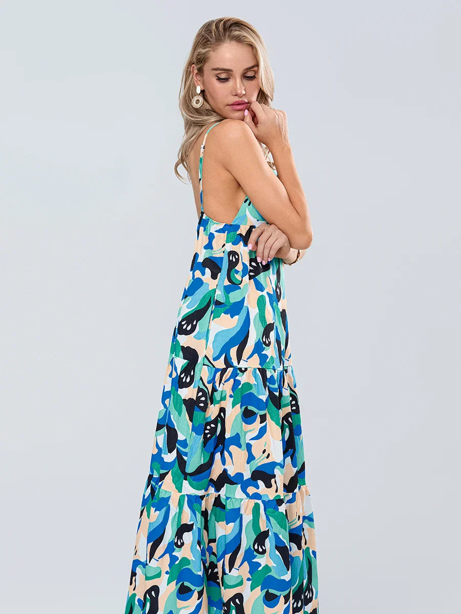 Fashion Print Spaghetti Strap Backless Sweetheart Flowy Cami Floral Dress