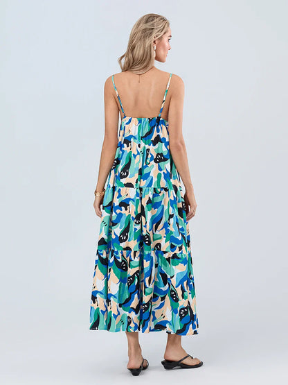 Fashion Print Spaghetti Strap Backless Sweetheart Flowy Cami Floral Dress
