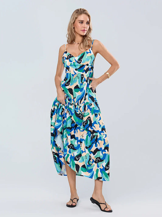 Fashion Print Spaghetti Strap Backless Sweetheart Flowy Cami Floral Dress
