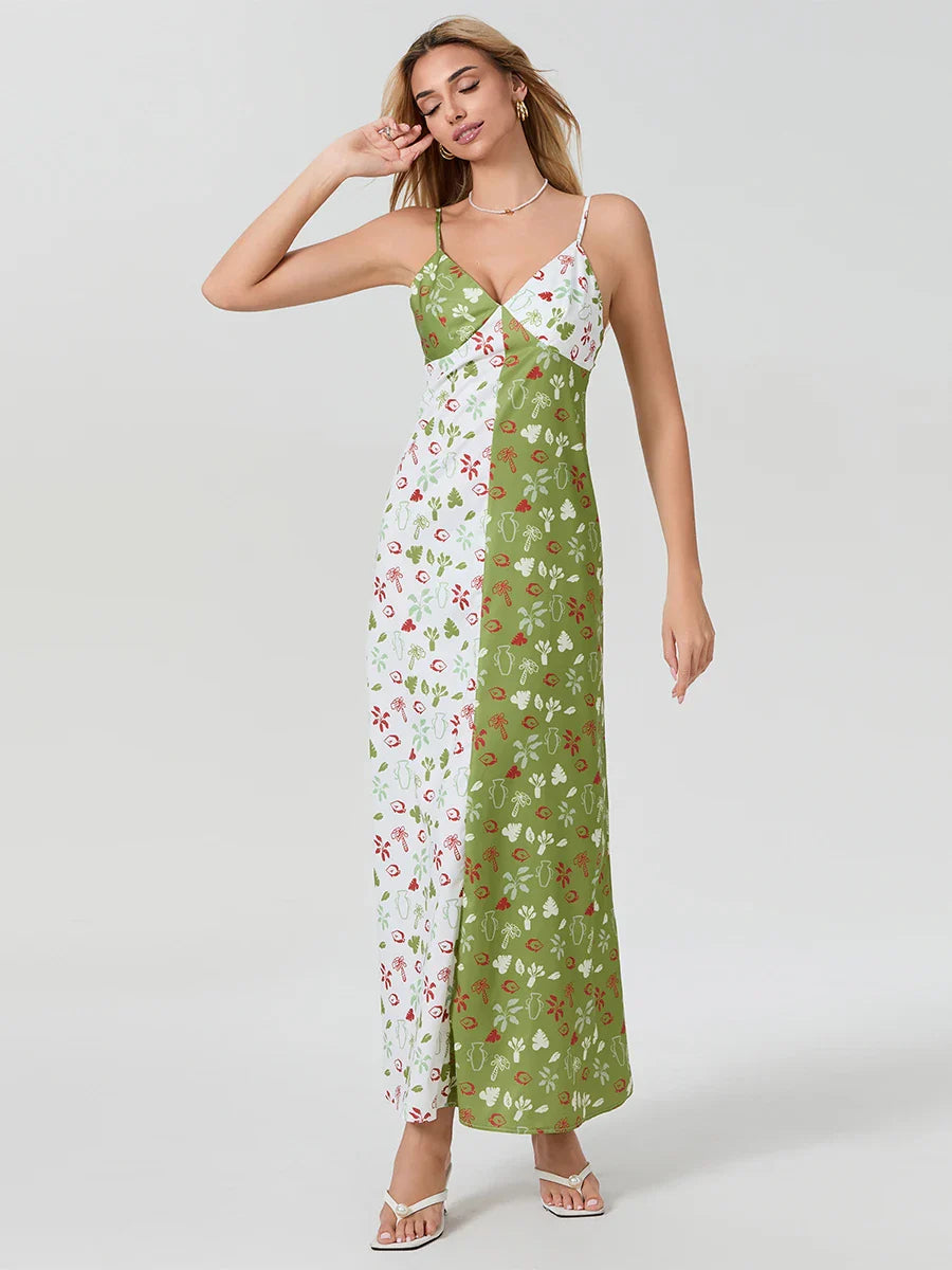 Contrast Color V-neck Spaghetti Strap Slip Floral Dress