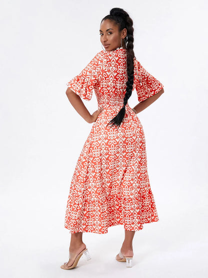 Floral Print Beach Midi Casual Flare Sleeve A-Line Ruffled Floral Dress