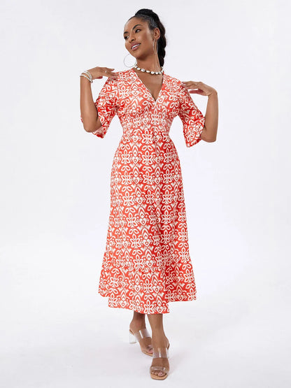 Floral Print Beach Midi Casual Flare Sleeve A-Line Ruffled Floral Dress