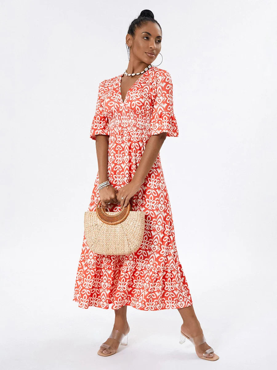 Floral Print Beach Midi Casual Flare Sleeve A-Line Ruffled Floral Dress