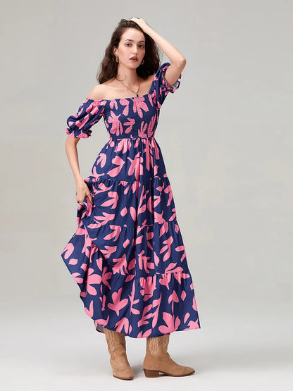 Floral Print Flowy Puff Sleeve Square Neck A-Line Vacation Floral Dress