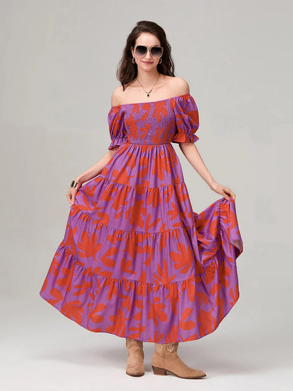 Floral Print Flowy Puff Sleeve Square Neck A-Line Vacation Floral Dress