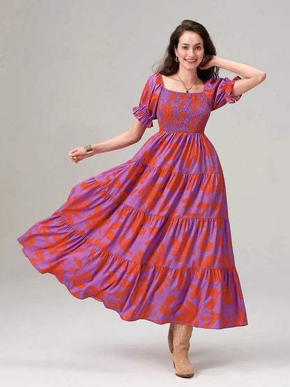 Floral Print Flowy Puff Sleeve Square Neck A-Line Vacation Floral Dress