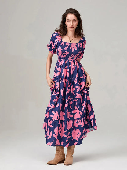 Floral Print Flowy Puff Sleeve Square Neck A-Line Vacation Floral Dress